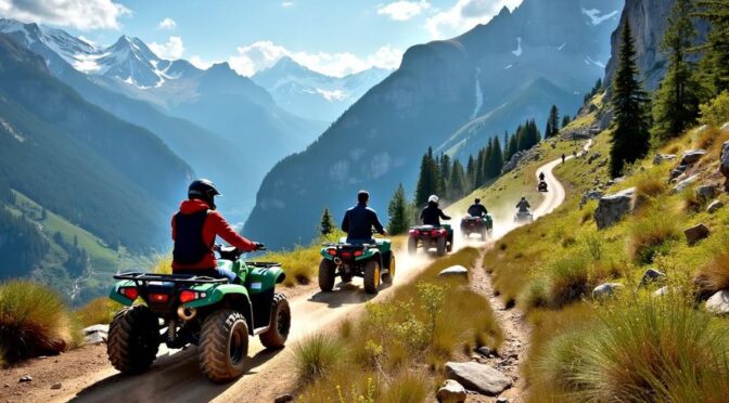 People riding ATVs and UTVs on rugged trails