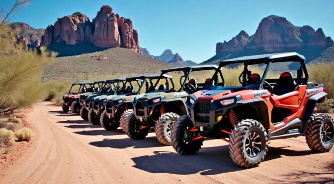 UTVs on desert trail with mountains