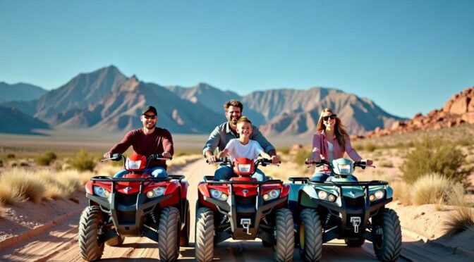 Family riding ATVs in desert