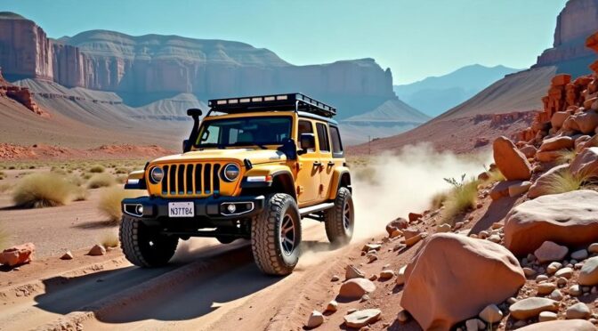 Off-road vehicle on rocky desert trail